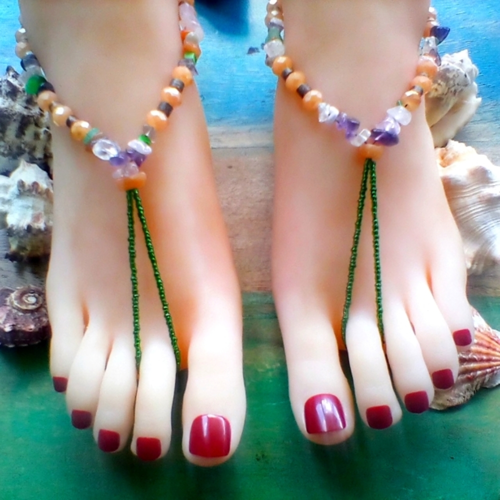 Green Wood and Orange Barefoot Sandals